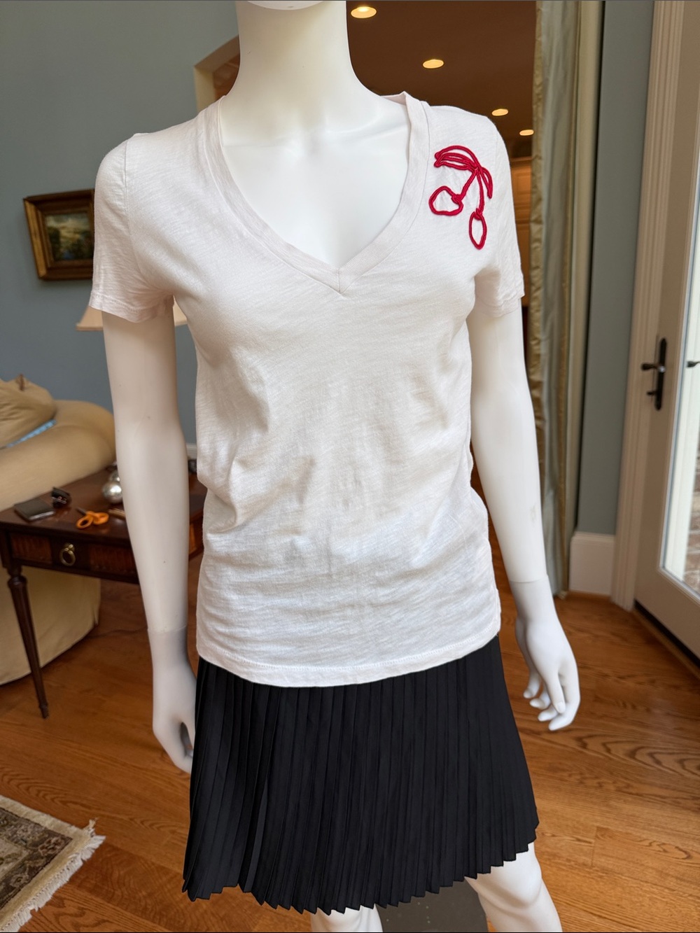 J. Crew White V-Neck Tee with Red Embroidered Detail